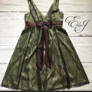 Eliza J women’s dress green brown sheer lace 4p